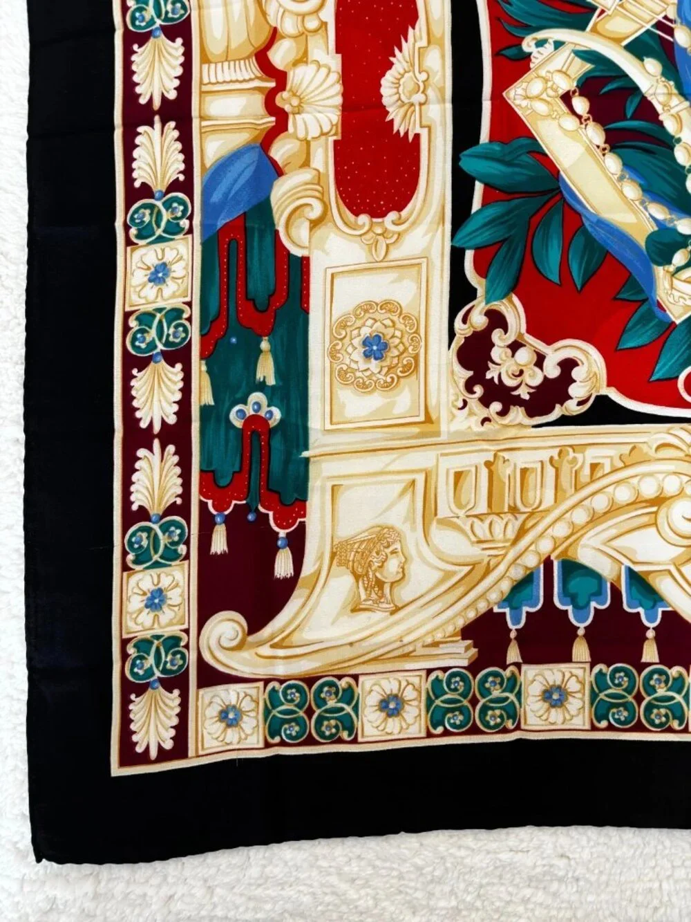 Celine Vintage Black Silk Scarf Ancient Theater Lyre Pattern Large Square